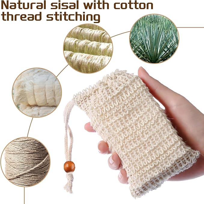 10 Pack Sisal Soap Saver Bags - Exfoliating Foaming Mesh Bar Soap Pouch with Drawstring, Reusable Shower & Bath Body Scrubber, Fast Drying