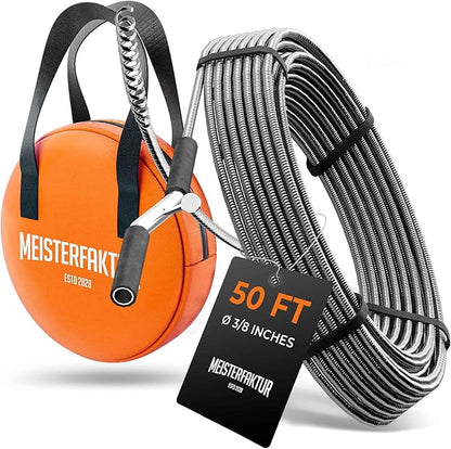 Meisterfaktur drain snake 3.0 [50 FT] - extremely long - Ideal plumbing snake for heavy & deep blockages - The drain auger for real do-it-yourselfers! (50 FT - 3/8 inch)