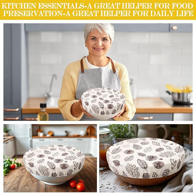 Hahafelt 4 Pcs Beeswax Bowl Covers Reusable Bowl Covers for Bread Proofing 10 Inch Elastic Cotton Cloth Sourdough Caps Stretchy Food Caps Leakproof Fresh for Dough Proofing and Food Storage(Leaf)