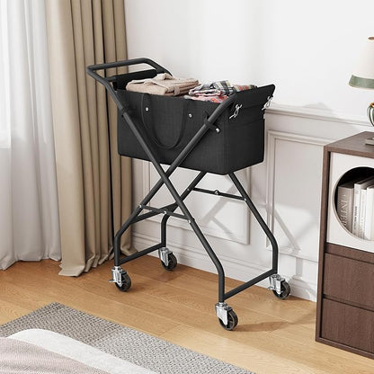 No-Bend Laundry Cart- Rolling Hamper with Locking Wheels & Handle, Foldable Basket Screw-Free Assembly, Durable Metal Frame & Removable Liner Bag for Bedroom & Bathroom (Black)