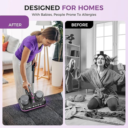 Amzany Mattress Vacuum Cleaner - 5-in-1 Cordless Bed Vacuum Cleaner, Powered by Ultrasonic Technology, 16Kpa Strong Suction,Low Noise,Suitable for Dust, Pet Hair, Etc - Gray Purple