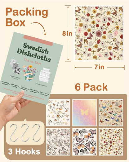 Miss Adola Kitchen Swedish Dishcloths with Hooks - 6 Pack Reusable Dish Cloths for Washing Dishes Fast Drying Cute Fun Swedish Dish Towels Washable Cleaning Sponge, Plant Butterfly