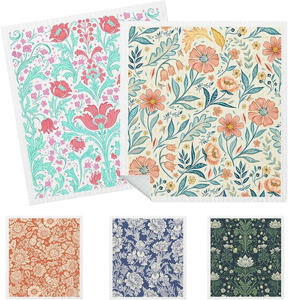 5 Pack Mixed Vintage Floral Swedish Kitchen Dishcloths Dish Towel, Dish Towels for Kitchen, Swedish Dishcloth Colorful Flower, Paper Towels Reusable, Dish Cloth Towel Cleaning Wipe for Home
