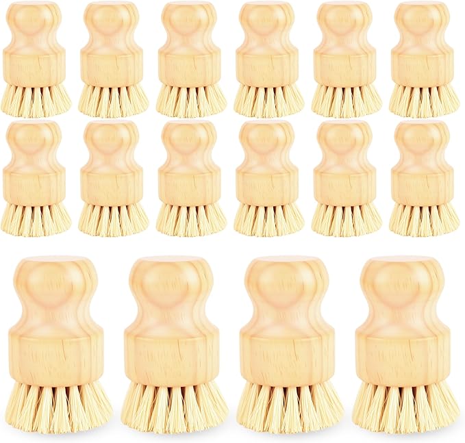 16 Pack Bamboo Dish Scrub Brushes Set Kitchen Pot Pans Cleaning Brushes Scrubber Sisal Bristles Wooden Brushes for Iron Pot Dishwashing Sink Vegetables