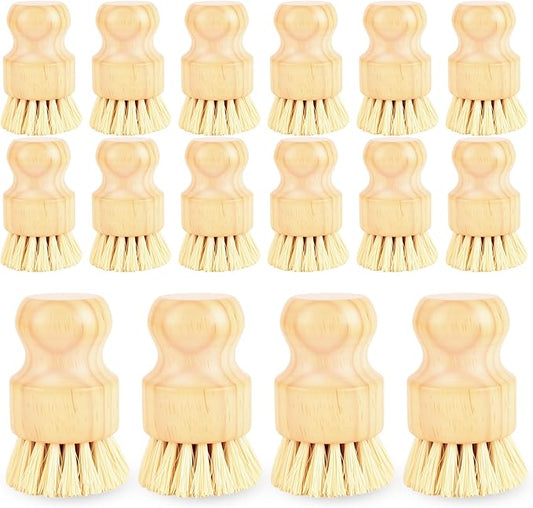 16 Pack Bamboo Dish Scrub Brushes Set Kitchen Pot Pans Cleaning Brushes Scrubber Sisal Bristles Wooden Brushes for Iron Pot Dishwashing Sink Vegetables