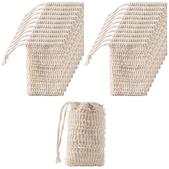 30 Pack Soap Exfoliating Bags Pouch Soap Saver Natural Ramie Mesh Soaps Bag Hand Made Soaps Bag with Drawstring for Bath & Shower Use