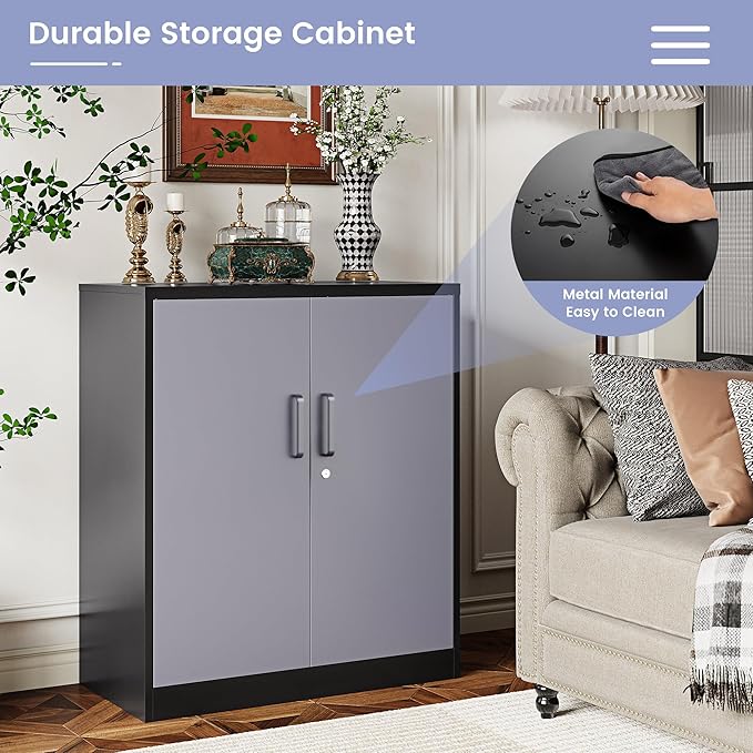 36" H Metal Storage Cabinet, Black Metal Cabinet with 2 Lockable Doors and 2 Adjustable Shelves, Garage Storage Cabinet for Home Office, Garage, School, Apartment, Warehouse