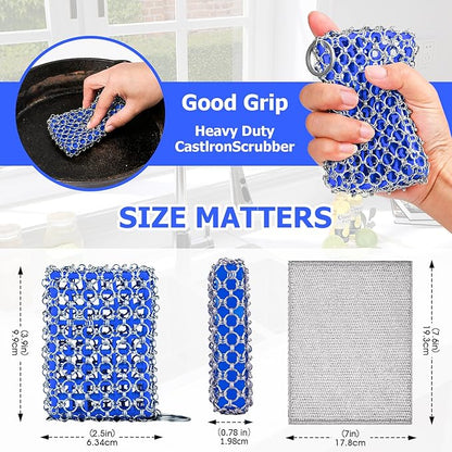 Cast Iron Scrubber with Bamboo Fiber Cloth and Pan Scraper, 316L Cast Iron Cleaner Set – Removes Stains, Protects Coatings, Safe for Dutch Oven, Skillets, Griddles(Blue)