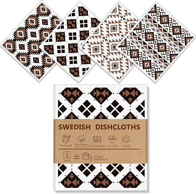4 PCS Swedish Dishcloths, Western Aztec Vintage Themed Reusable Kitchen Paper Towels, Non-Scratch Cellulose Cloths, No Odor, Biodegradable Cleaning Cloths
