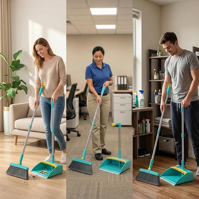 2-in-1 Broom with Dustpan Combo Set,Long Handle Broom Dustpan Combo with Dustpan Teeth to Automatically Clean Hair for Home, Indoor or Outdoor Cleaning Hall Floor (Green)
