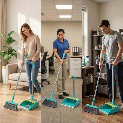 2-in-1 Broom with Dustpan Combo Set,Long Handle Broom Dustpan Combo with Dustpan Teeth to Automatically Clean Hair for Home, Indoor or Outdoor Cleaning Hall Floor (Green)