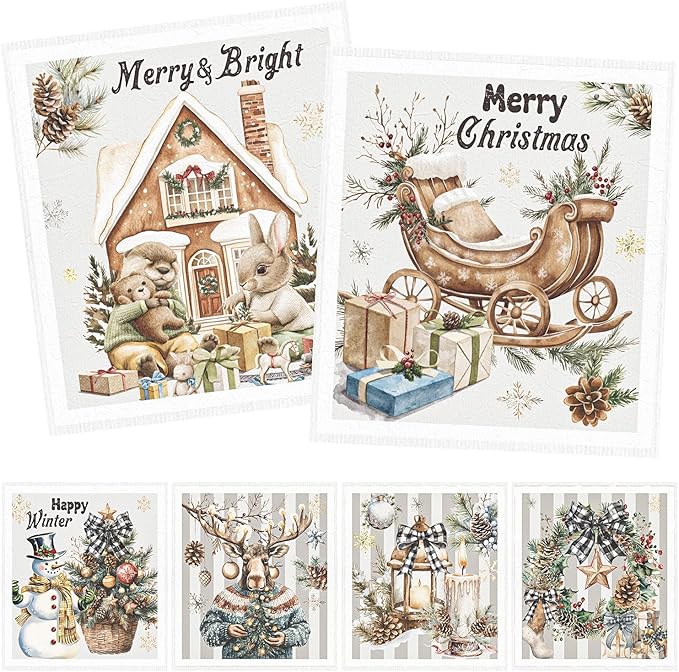 Christmas Swedish Dishcloths for Kitchen - 6PCS Vintage Merry Christmas Swedish Cloths for Washing Dishes, Xmas Reusable Dish Towels Gift, Holiday Washable Cleaning Sponge Quick Drying