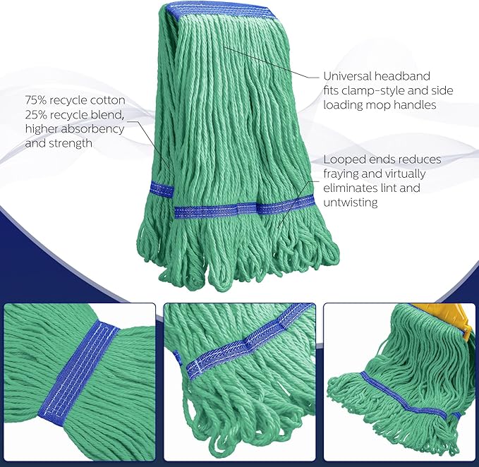 Eccliy 3 Pack Mop Heads Replacement Commercial Industrial Mop Heads Heavy Loop End Cotton String Heavy Duty Refills Wet Washable Refills for Home General Floor Cleaning (Green,Blue)