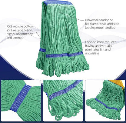 Eccliy 3 Pack Mop Heads Replacement Commercial Industrial Mop Heads Heavy Loop End Cotton String Heavy Duty Refills Wet Washable Refills for Home General Floor Cleaning (Green,Blue)