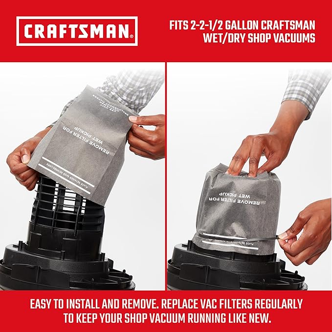 CRAFTSMAN CMXZVBE38737 Genuine General Debris Wet Dry Vac Replacement Filter Bags with Retaining Band for Most CRAFTSMAN 2 to 2.5 Gallon Shop Vacuums and Powerhead Bucket Vac, 3-Pack