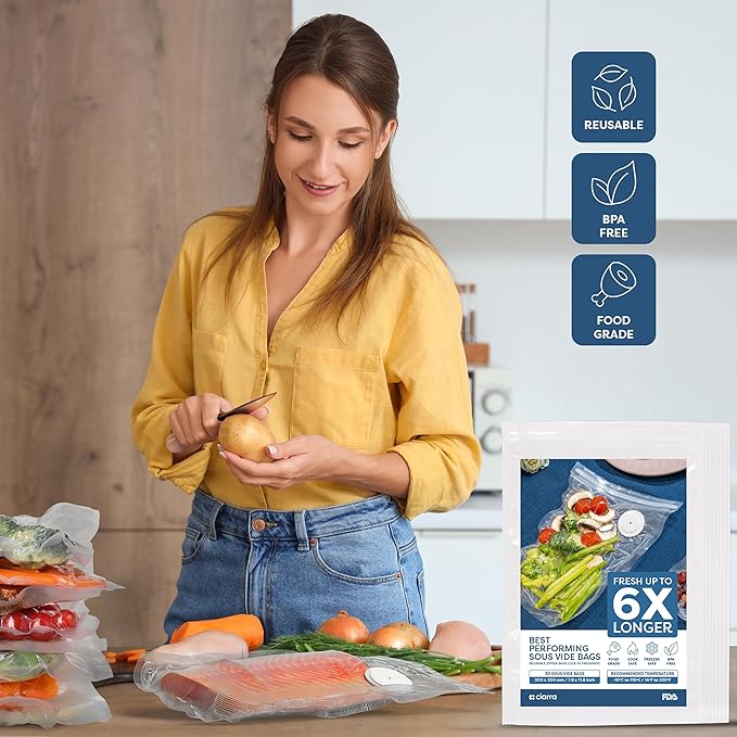 CIARRA BPA Free Reusable Vacuum Sealer Bags 30 Pcs, 8" x 12" Reusable Food Storage Zipper Bags with Air Valve for Sous Vide Cooking Freezer Microwave Heating (30 Count)