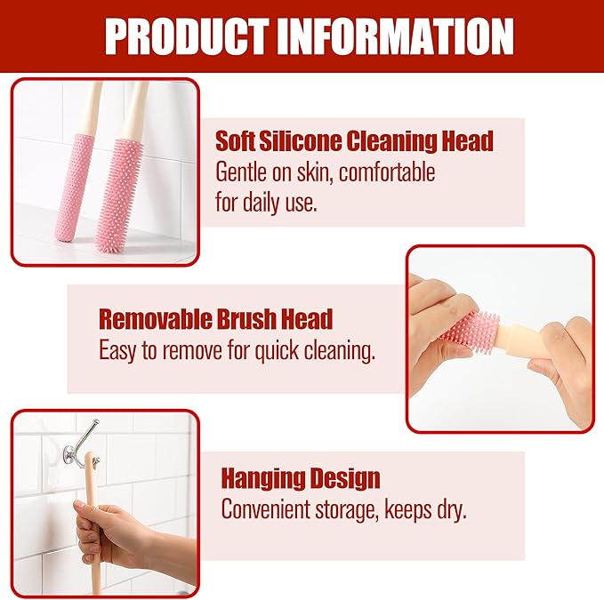 2 Pack Toe Cleaning Brush - Long Handled Portable Silicone Gap Brushes, Soft Rubber Exfoliating Foot Scrubber for Bath Shower, Crevice Gentle Cleaner for Seniors Elderly Men & Women Feet Scrub, Pink