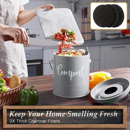 DAYYET Gray Compost Bin Kitchen, 1.3 Gallon Farmhouse Kitchen Compost Bin Countertop with Lid and Charcoal Filters, Indoor Compost Bucket for Decor and Accessories