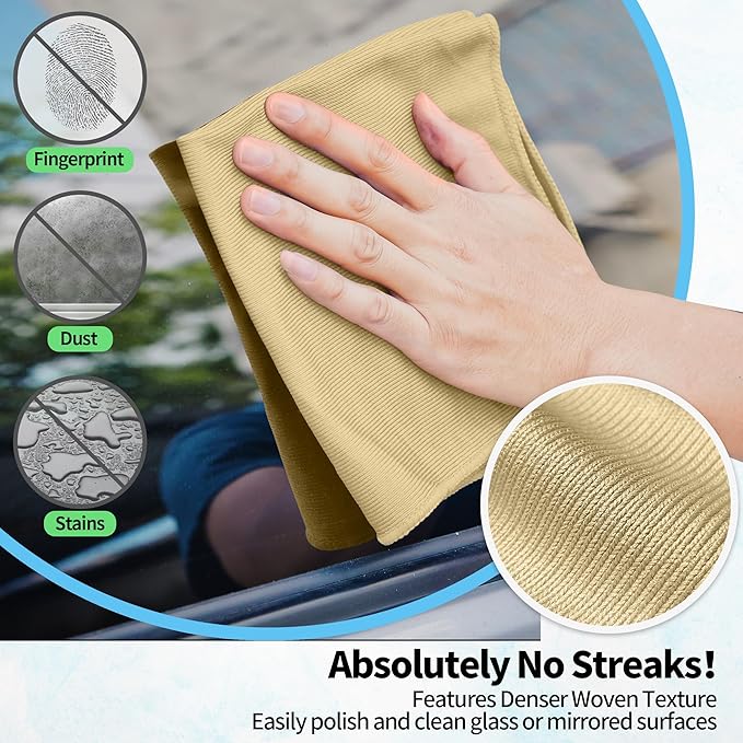 Microfiber Cleaning Cloth, 12 Pack Window Glasses Cleaning Cloth, Reusable Lint-Free Streak Free Polishing Cloth Wipes for Stainless Steel, Eyeglass, Mirror, Screen & Lense,12"*12" Beige