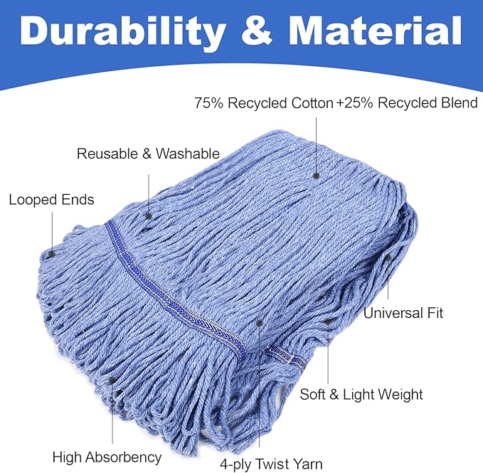 6 Pack Commercial Mop Head Replacement, Heavy Duty Mop Head Commercial Replacement for General and Floor Cleaning, Wet Industrial Blue Cotton Looped End String Head Refill (Blue)