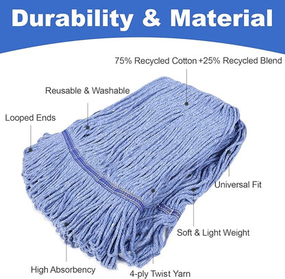 4 Pack Commercial Mop Head Replacement, Heavy Duty Mop Head Commercial Replacement for General and Floor Cleaning, Wet Industrial Blue Cotton Looped End String Head Refill (Blue)