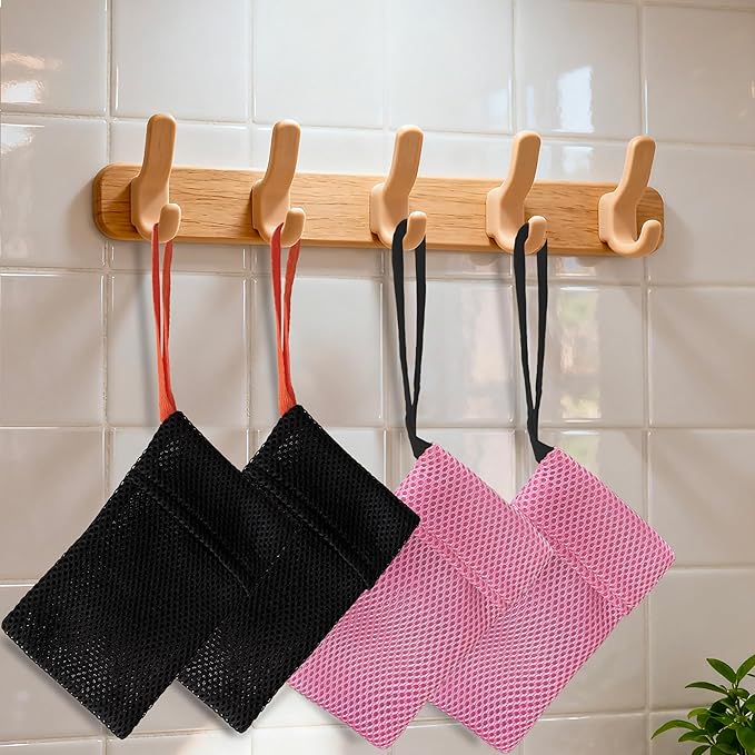 Bar Soap Bags Savers, Exfoliating Foaming Japanese Washcloth Pouch, Body Scrubbers for Shower, 2 Pack, Black+Pink (Gentle Roughness)