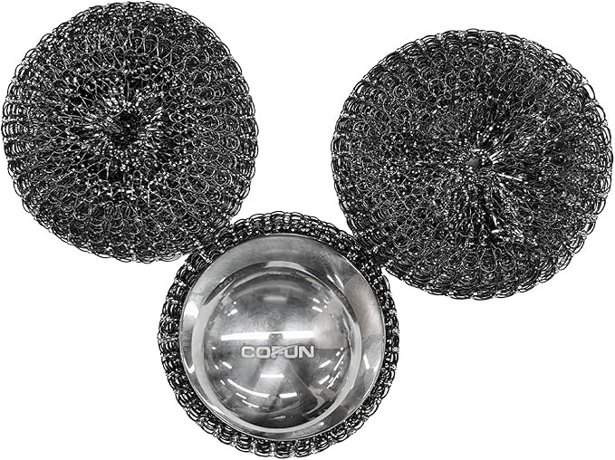 Cofun Stainless Steel Saucepan Scourers with 2 Replacement Pads - Clean Metal Pans, Pots, Grills & More