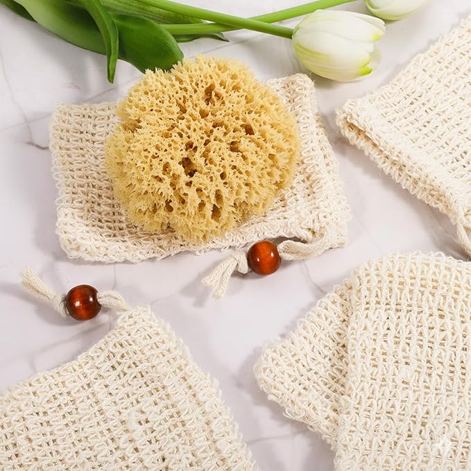 50 Pcs Soap Saver Bag, 5.5 × 3.5 Inch Natural Cotton Linen Soap Pouch Mesh Exfoliating Hand Made Soaps Savers with Drawstring for Bath, Shower, Massaging