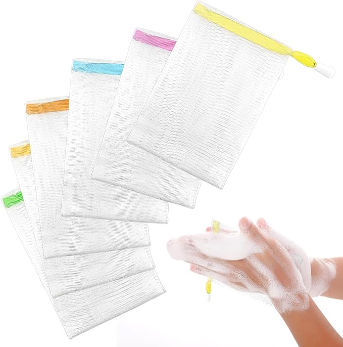 6PCS Assorted Colors Soap Bags for Soap Bars, Handmade Bubble Mesh Soaps Bag Exfoliating Saver Pouch Net Shampoo Bar Bag Soaps Sleeves with Drawstring Body Facial Cleaning Tool for Bath & Shower (6)