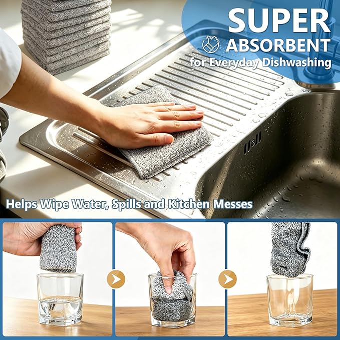 Kitchen Dish Cloths, 12 Pack, 10 x 10 Inches, Super Absorbent Microfiber Dish Towels, Soft Lint Free Reusable Dish Rags for Washing Dishes, Drying, Counters and Sink, Grey