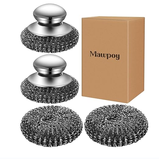 Steel Wool Scrubber with 2 Replacement Pads,Dish Scouring Pads for Cleaning Cast Iron, Dishes, Kitchen Pots, Pans, Grills, Stoves, Sink & More