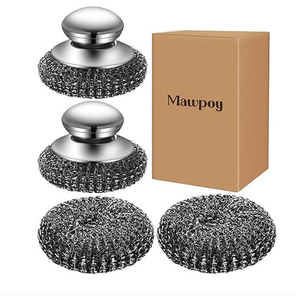 Steel Wool Scrubber with 2 Replacement Pads,Dish Scouring Pads for Cleaning Cast Iron, Dishes, Kitchen Pots, Pans, Grills, Stoves, Sink & More