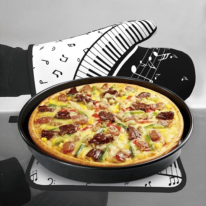 Oven Mitt and Pot Holders Sets - Music Kitchen Mitts Black White Piano Oven Gloves Hot Pads Set of 2 for Cooking BBQ Baking Grilling