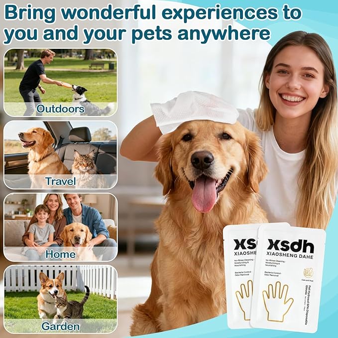 RAINFLOW 8PCS Pet Glove Wipes for Dogs Individual Pet Cleaning Gloves,Gentle Hydrating & Nourish Fur,Grooming Gloves for Dog & Cat Fur Horse Coat Care，Pet Bathing Wipes for Daily Care,Travel