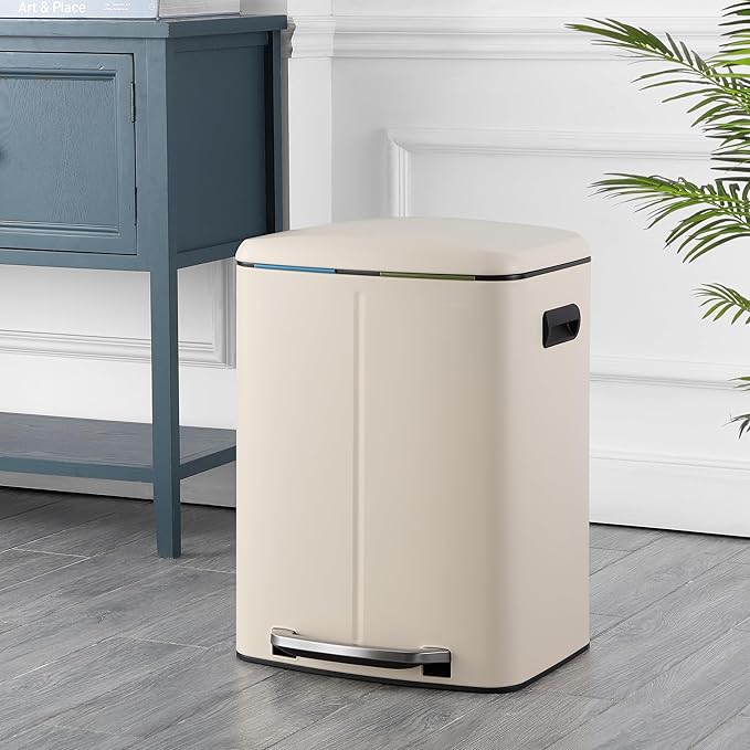 happimess HPM1005F Marco Rectangular 10.6-Gallon Double Bucket Trash Can with Soft-Close Lid, Limestone Beige, Fingerprint Resistant, Modern, Minimalistic for Home, Kitchen, Office, Bedroom, Bathroom