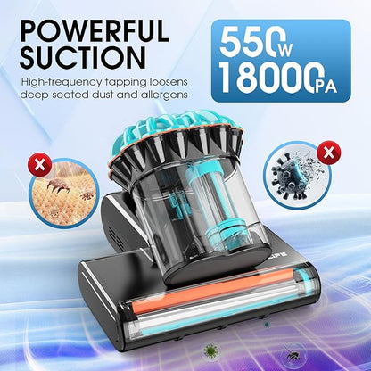 Belife M8 Mattress Vacuum Cleaner, Anti-allergen Bed Vacuum Cleaner with UV & Hot Air & High Heating, 550W 18Kpa Powerful Suction Double-Cup Handheld Vacuum for Bed, Couch, Sofa, Corded (Blue)