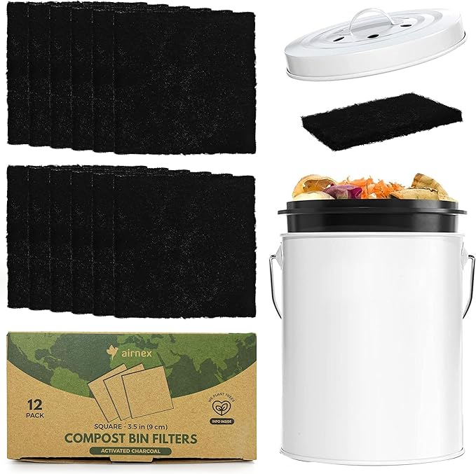 AIRNEX Charcoal Filters for Compost Bucket 3.5 in Square - Pack of 12 Odor Blocking Compost Filters for Countertop Bin, Trash Cans & Litter Boxes - Universal Replacement Compost Bin Filter Charcoal