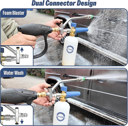 Foam Cannon Dual-Connector Accessory for Pressure Washer, Double Tip Attachment for Soap Cannon, 5 Pressure Washer Sprayer Nozzles, 1/4" Quick Connect