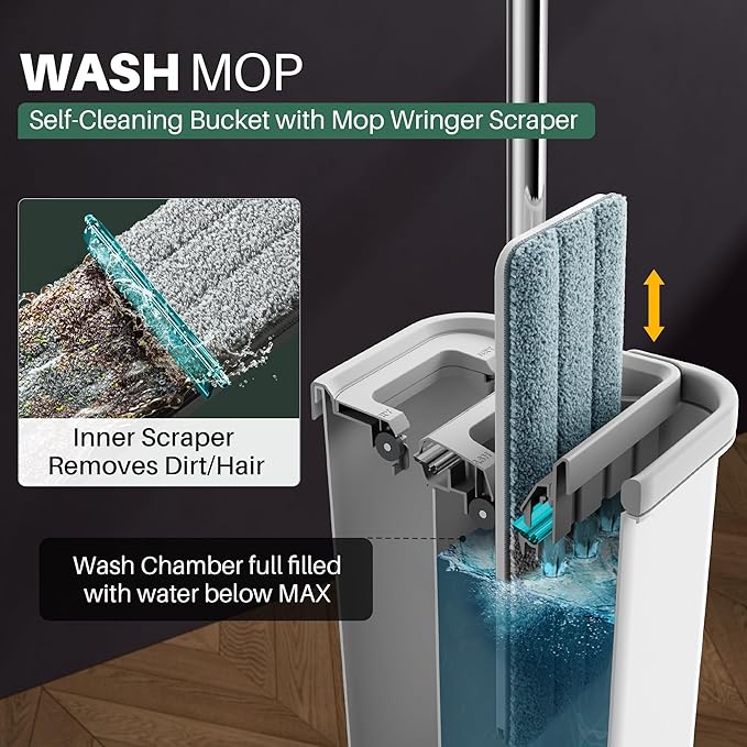 JOYMOOP Mop and Bucket Set, Hands-Free Flat Floor Mop, 8 Washable Microfiber Pads, Wet and Dry Use, Commercial & Household Floor Cleaning System, Ideal for Home and Office