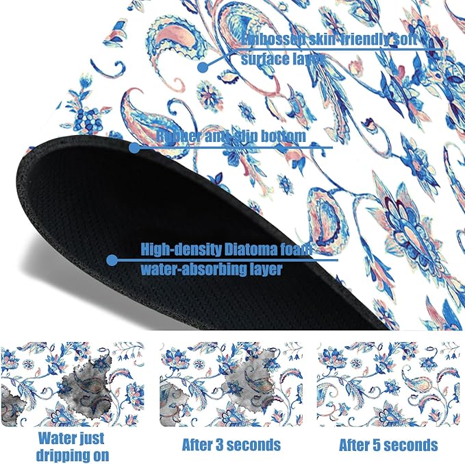 Sink Splash Guard Faucet Mat Paisley Flowers Tulips Leaves Absorbent Fast Drying Mat Sink Gadgets Splash Guard Behind Faucet Drip Catcher for Kitchen Bathroom 15.5"X5.5"