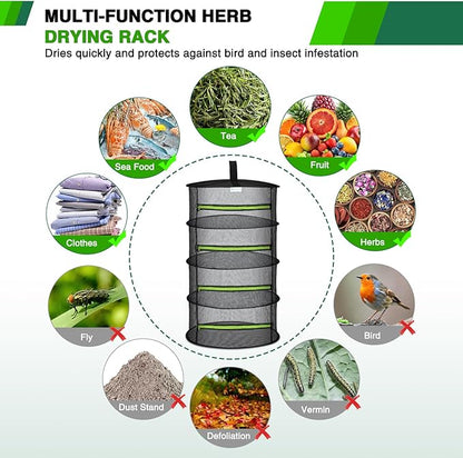 Yesker 4 Layer Herb Drying Rack Hanging Mesh Net Foldable Plant Drying Racks 24" Diameter with Green Zipper & Hook Dryer Hanging Rack for Herbs Seed Bud Fruit Clothes Grow Tent Closets Garden Outdoor