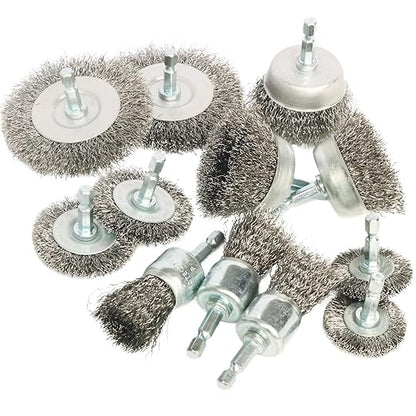FPPO 12 Pack Carbon Steel Wire Wheel, Cup, Pen Brush Set with 1/4-Inch Hex Shank for Rust Removal, Corrosion and Scrub Surfaces