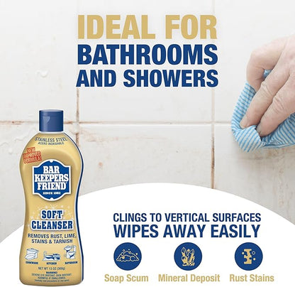Bar Keepers Friend Soft Cleanser Liquid, 13 oz x 2, Multipurpose Surface Cleaner, Soap Scum & Grease from Stainless Steel & More