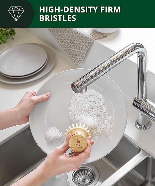 ROYAL CRAFT WOOD Bamboo Dish Scrub Brush w/Handle - Wooden Washing Dish Brush Scrubber for Kitchen - Filrm Bristles Brush with Handle for Sink, Dishes & Vegetables