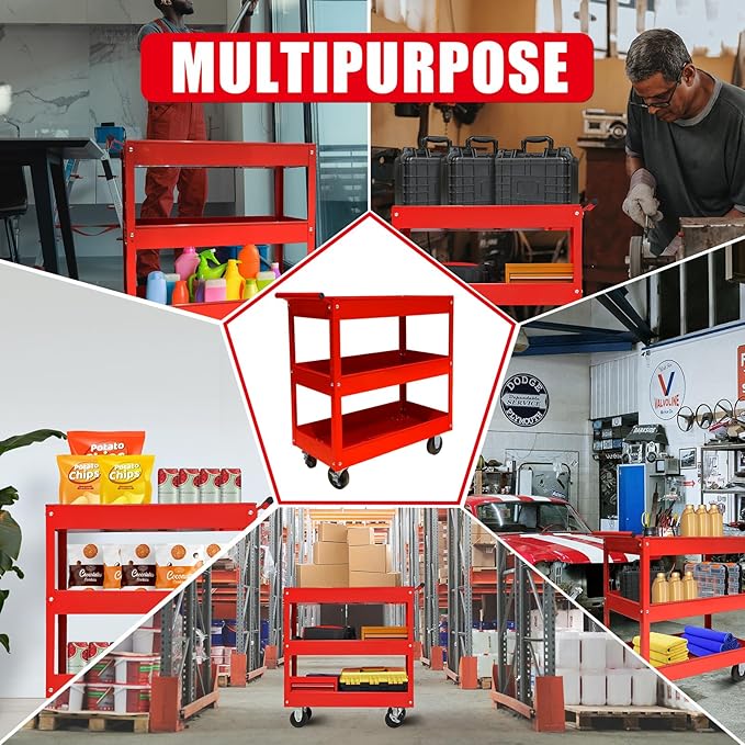 Torin APTC302B Steel Tool Service Push Cart with 3 Shelves and 200 lb Capacity, Red