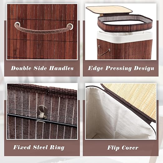 1 Pack 21 Gallon Bamboo Slim Trash Can with Lid Large Foldable Slim Rectangular Garbage Can Bamboo Waste Basket for Bathroom Bedroom Office Home Salon Spa (Brown)