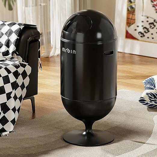 MRBIN Metal Trash Can with Lid, 5.3 Gallons / 20L Medium Decorative Waste Basket, Round Tall Garbage with High Leg for Bathroom, Office, Bedroom, Kitchen, Black