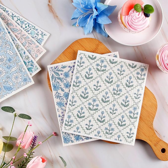 Quera Swedish Dishcloths for Kitchen Blue Botanical Floral Absorbent Cotton Kitchen Dish Towel for Party Home Housewarming Hand Washing Wipes 6.7 x 7.7 Inch, 6Pcs