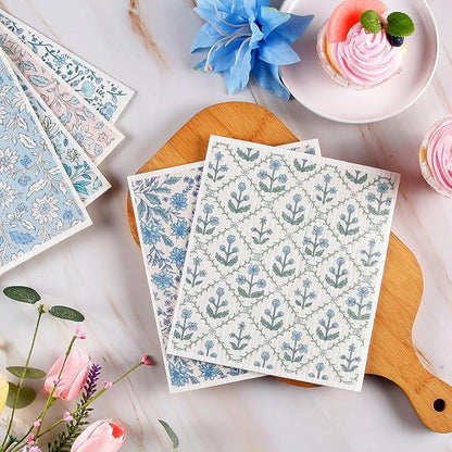Quera Swedish Dishcloths for Kitchen Blue Botanical Floral Absorbent Cotton Kitchen Dish Towel for Party Home Housewarming Hand Washing Wipes 6.7 x 7.7 Inch, 6Pcs