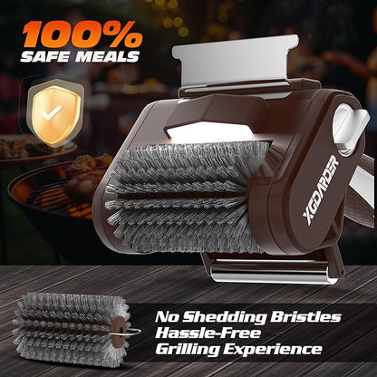 Electric Grill Brush for Outdoor Grill, Rechargeable BBQ Grill Cleaner Stainless Steel Brush with 450RPM Stainless Roller,LED Light, Scraper,Grilling Gifts for Men/Dad